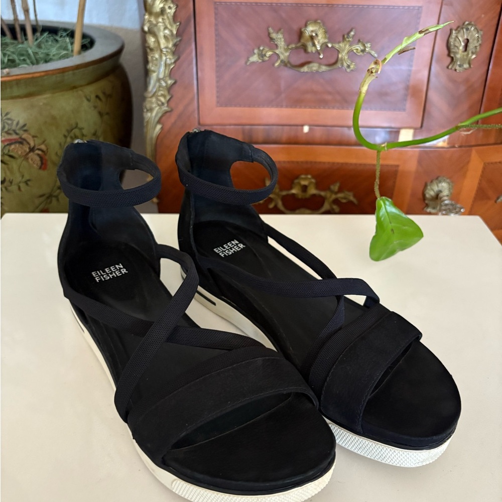 Eileen Fisher Black Elastic Strap Wedge Sandals Women’s Size 9